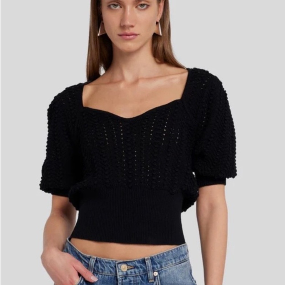 7 For All Mankind Women's Black Sweetheart Pointelle Knit Sweater Size S Boho - Picture 2 of 8